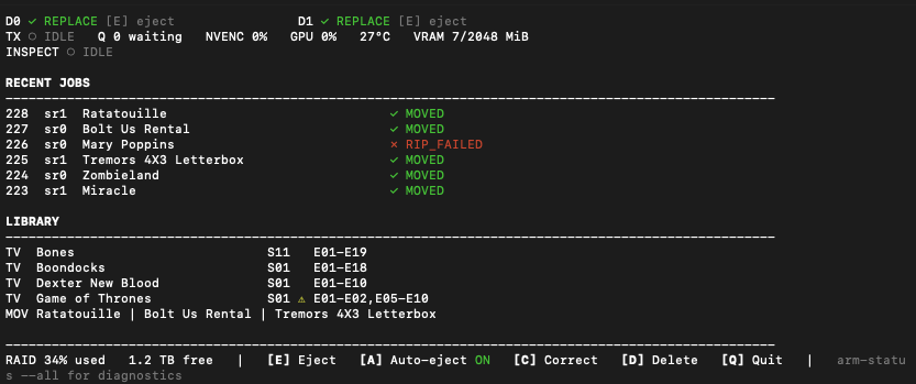 ARM terminal status interface showing two optical drives, transcode and GPU status, recent ripping jobs, Jellyfin library contents, RAID usage, and keyboard controls